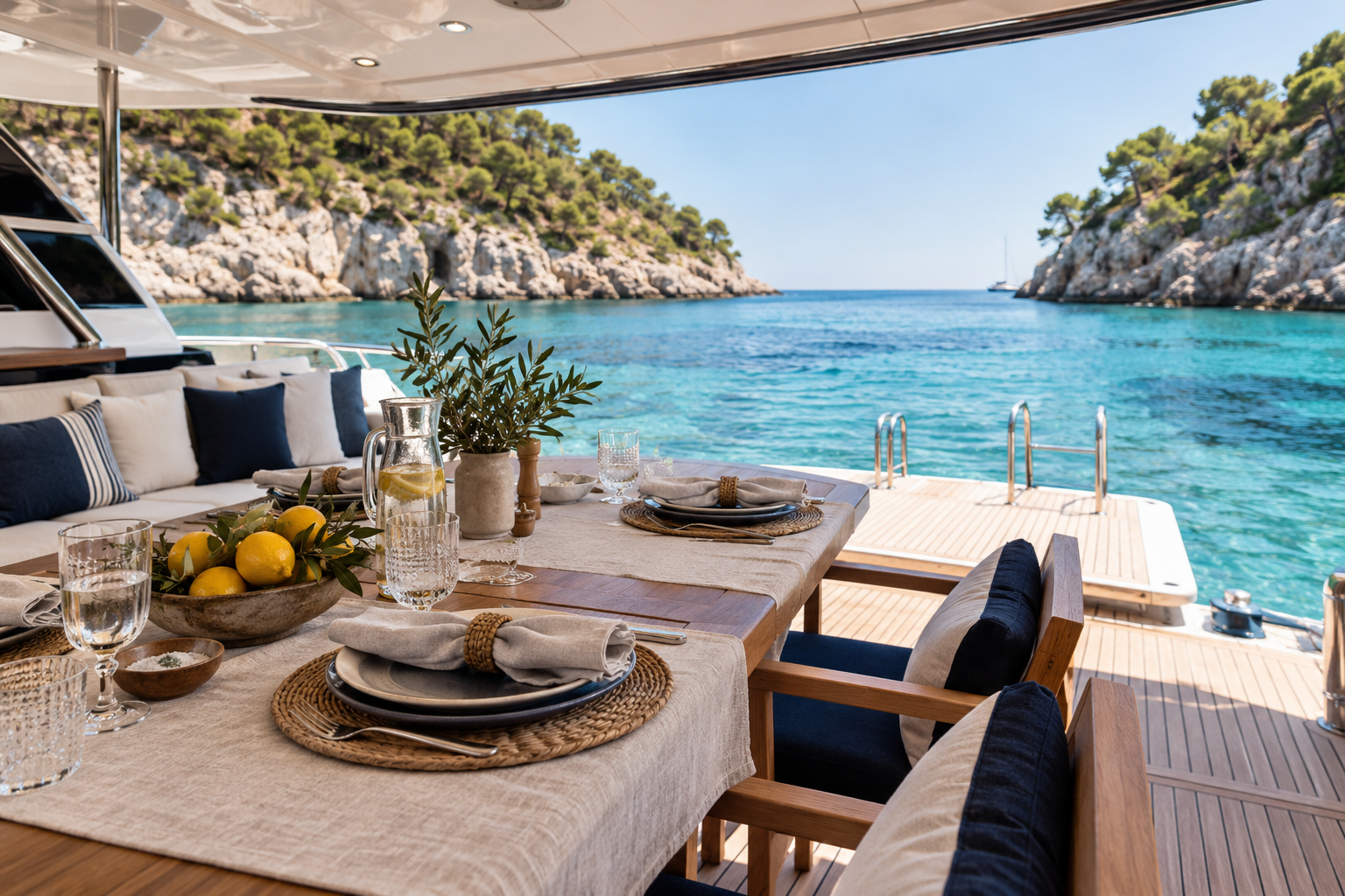 Charter deck set for lunch in a quiet cove